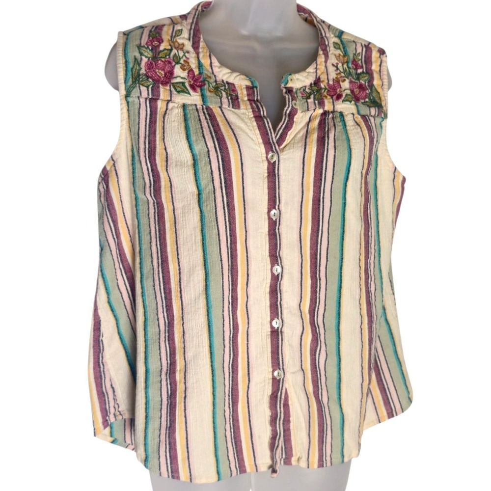 April Cornell XL Sleeveless Embroidered Floral Striped Cotton Button Up Top